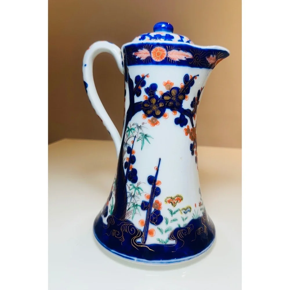 Antique Japanese Imari Porcelain Chocolate Pot Blue Orange Gold Hand Painted